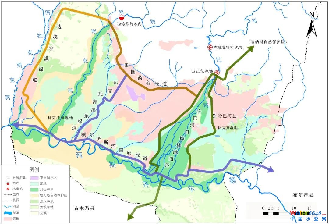 ▲哈巴河平原區(qū)生態(tài)綠道系統(tǒng)布局
